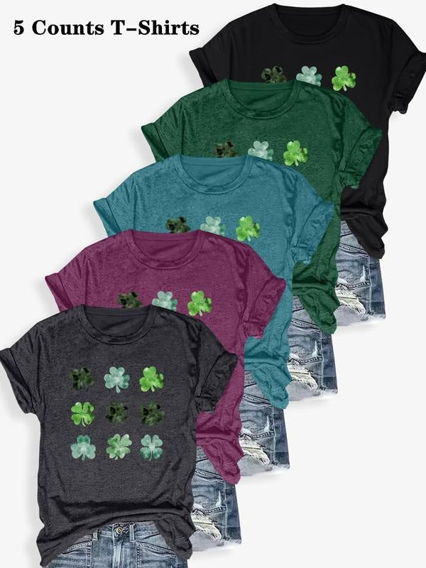 Women's Four-leaf Clover Print Round Neck Tee, Casual Short Sleeve Crew Neck T-shirt for Summer, Fashion Women's Top for...