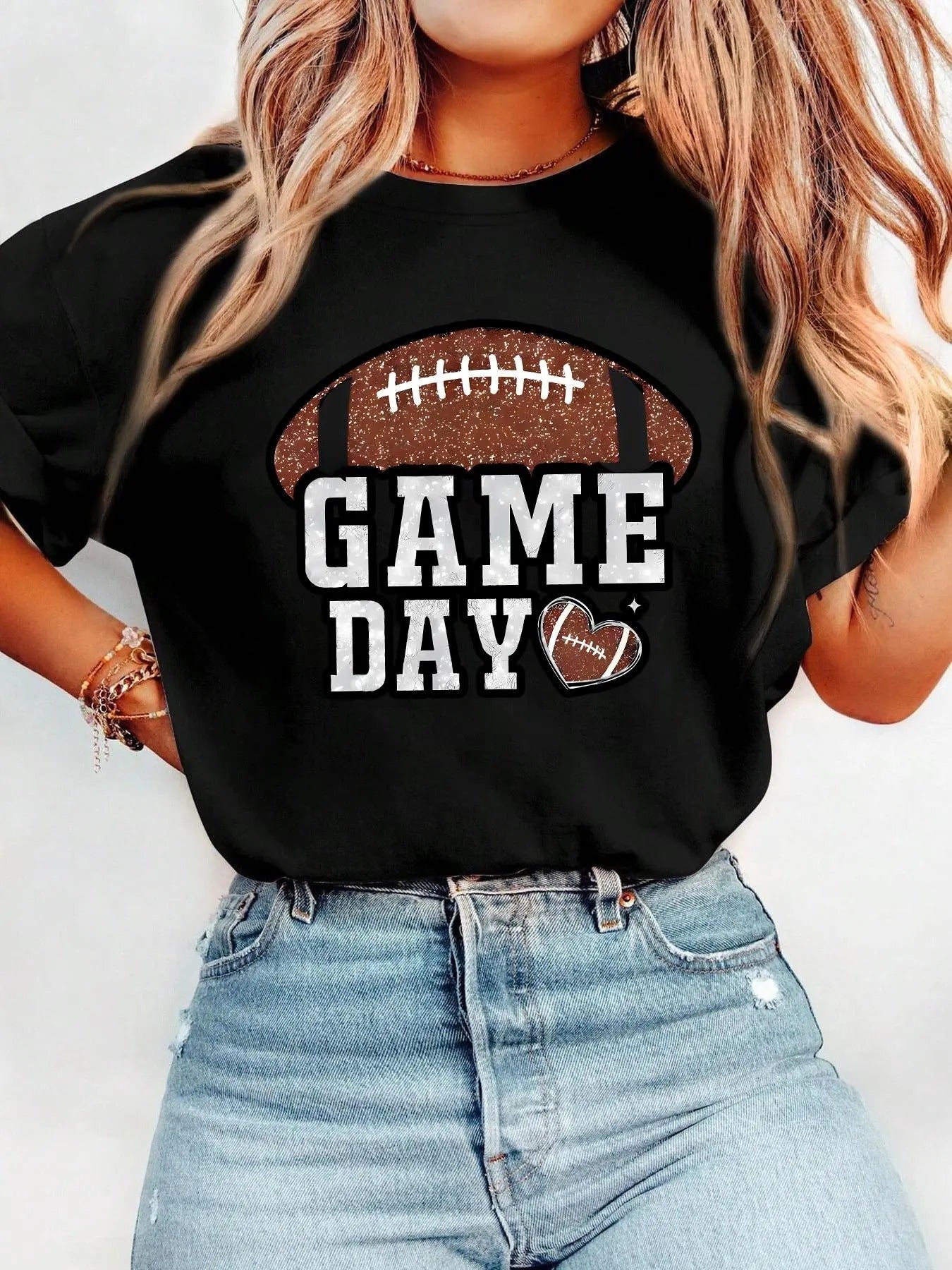 Women's Game Day Letter & Football Print Round Neck Graphic Tee, Vintage Trendy Casual Drop Shoulder Short Sleeve T-shirt for Daily Wear, Ladies Summer Outfit