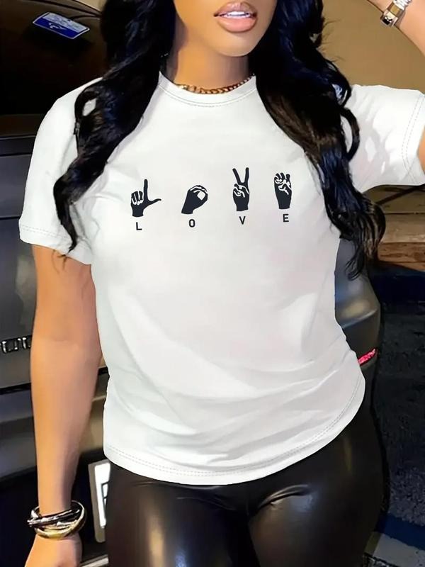 Women's Gesture & Letter Print Round Neck Tee, Fashion Casual Drop Shoulder Half Sleeve T-shirt for Daily Outdoor Wear,...