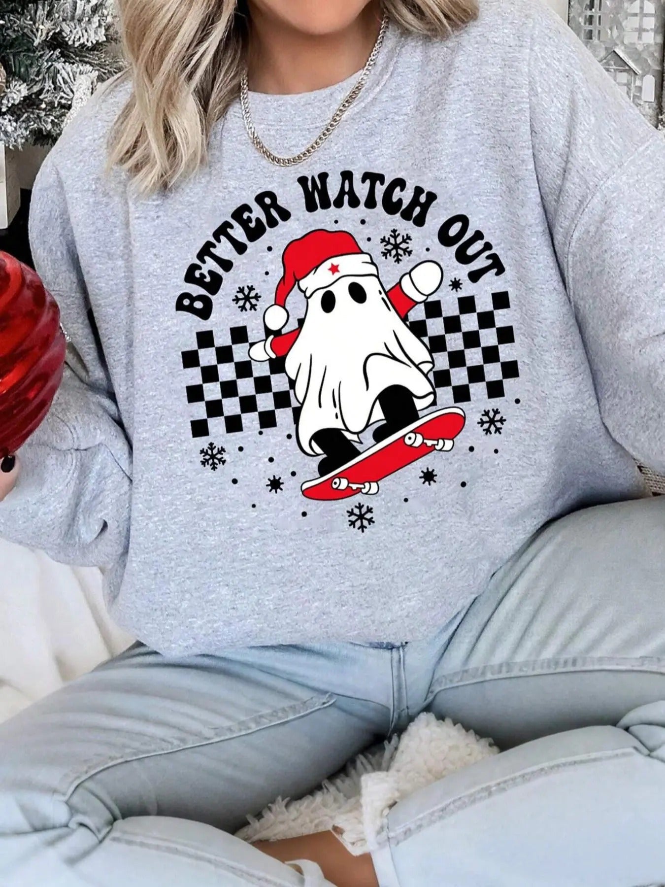 Women's Ghost & Letter Print Drop Shoulder Sweatshirt, Casual Long Sleeve Round Neck Pullover for Daily Wear, Ladies...