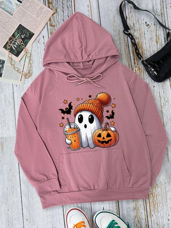 Women's Halloween Cartoon Ghost & Pumpkin Print Drawstring Pocket Hoodie, Casual Long Sleeve Hooded Pullover for Fall &...