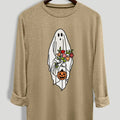 Women's Halloween Cartoon Ghost Print Round Neck Tee, Casual Long Sleeve Crew Neck T-shirt for Daily Wear, Women's...