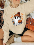 Women's Halloween Ghost & Pumpkin Print Thermal Lined  Sweatshirt, Casual Long Sleeve Round Neck Pullover for Daily Wear,...