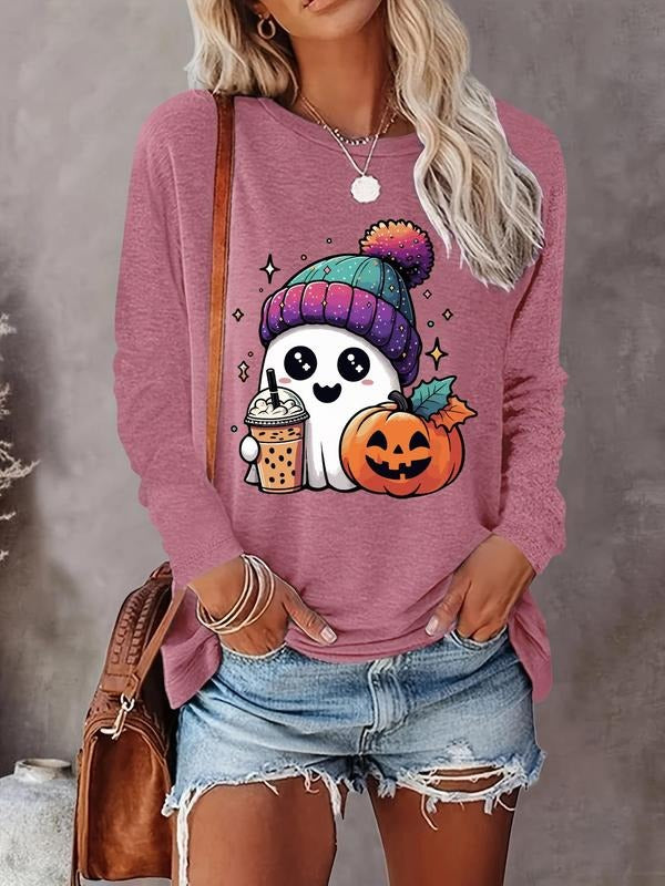 Women's Halloween Ghost Print Round Neck Tee, Casual Long Sleeve Crew Neck T-shirt  for Fall & Winter, Women's Clothes...