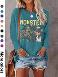 Women's Halloween Pumpkin Ghost Print Long Sleeve Round Neck Casual Top, Soft Comfortable Fabric, Available in 9 Colors...