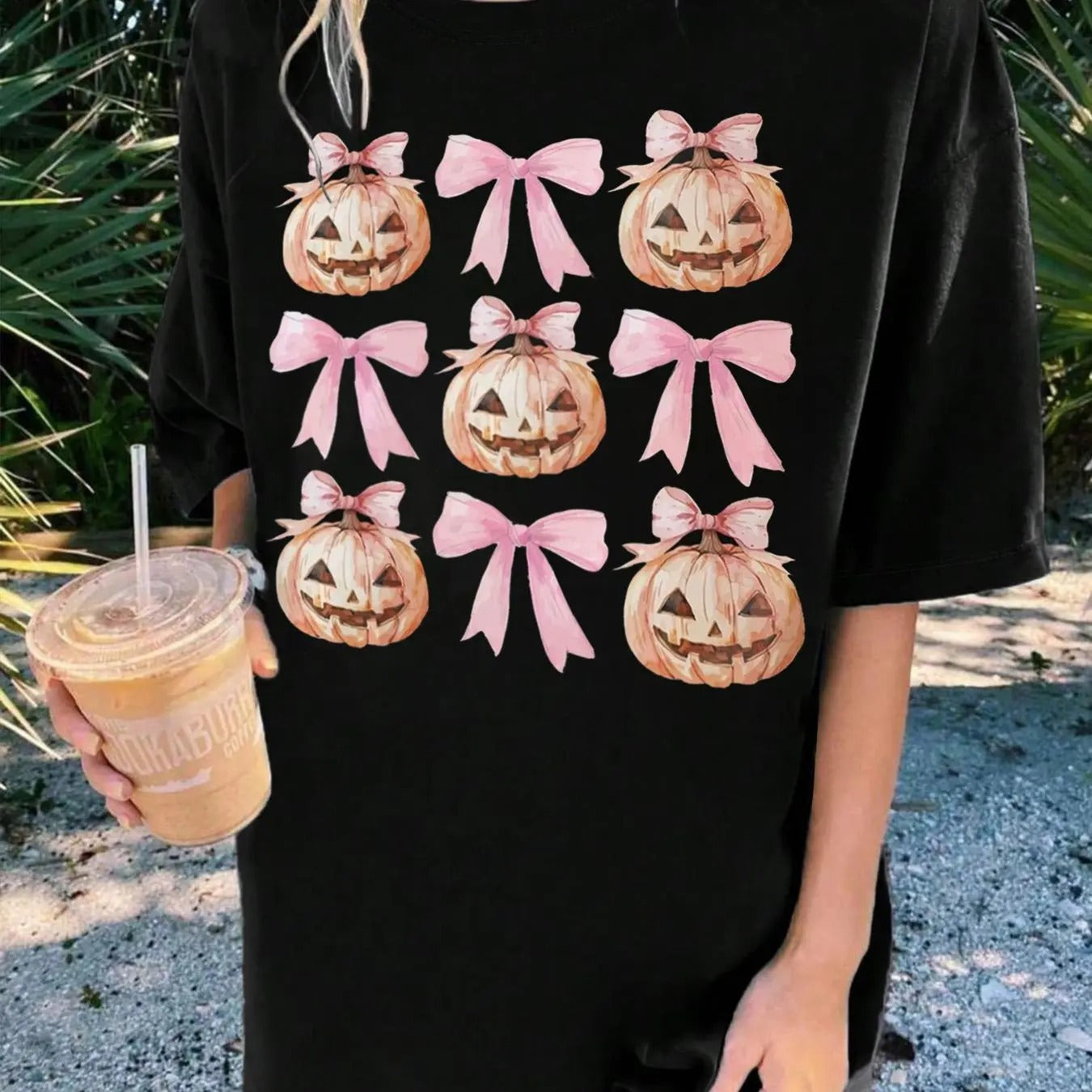 Women's Halloween Themed Bowknot & Pumpkin Print Tee, Casual Drop Shoulder Half Sleeve T-shirt for Summer, Women's Top...