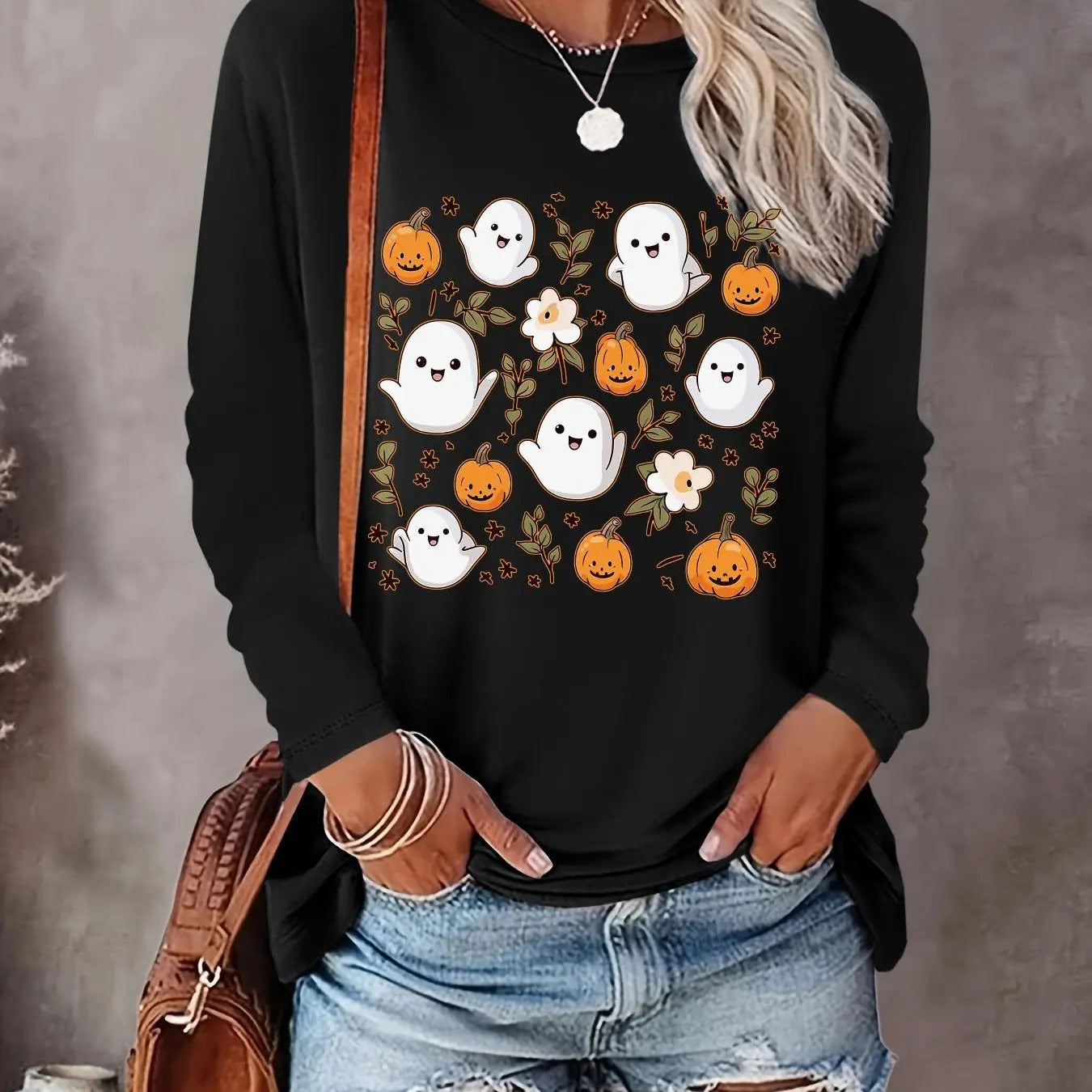 Women's Halloween Themed Ghost & Leaf Print Round Neck Tee, Casual Long Sleeve Crew Neck T-shirt for Fall & Winter,...