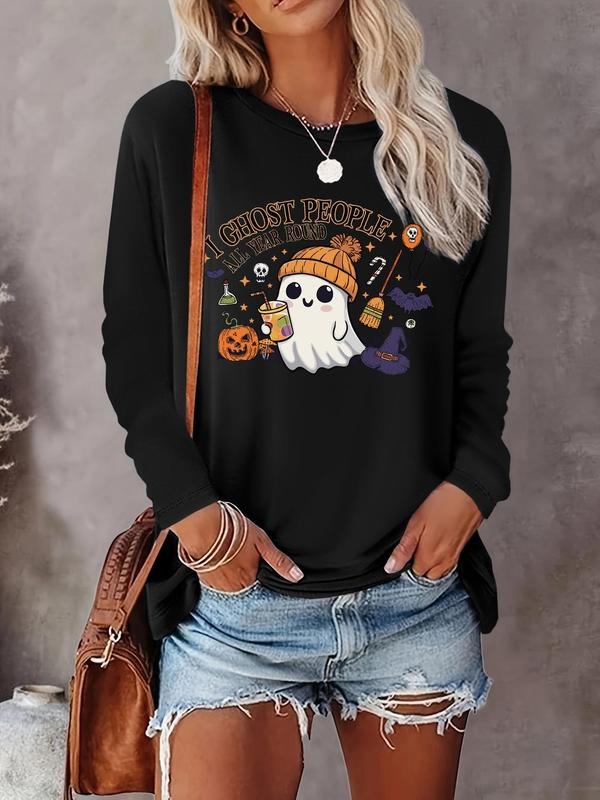 Women's Halloween Themed Ghost & Letter Print Round Neck Tee, Casual Long Sleeve Crew Neck Top for Fall & Winter, Women's...