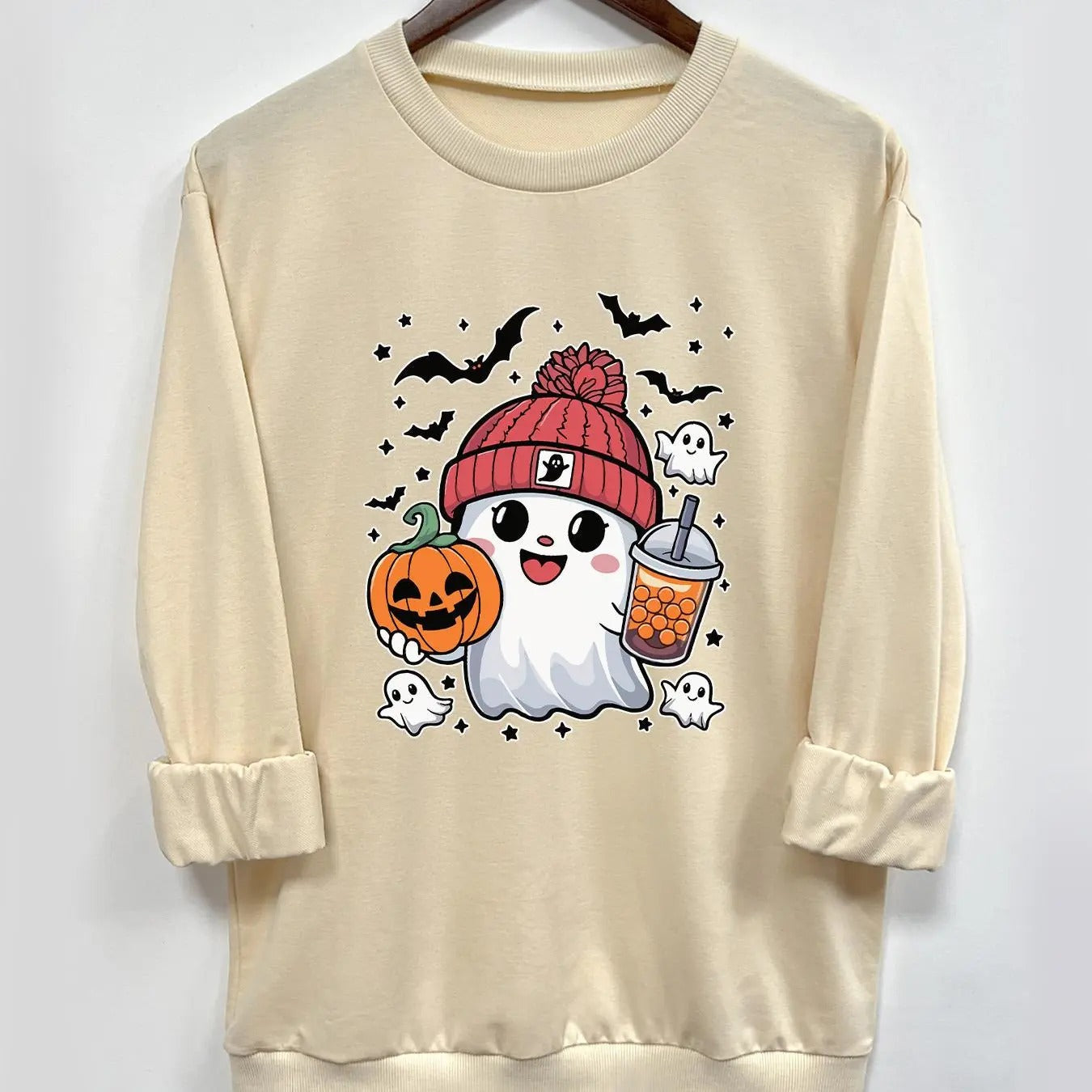 Women's Halloween Themed Ghost Print Crew Neck Sweatshirt, Casual Long Sleeve Pullover for Daily Wear, Ladies Fall &...