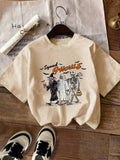Women's Halloween Themed Skeleton & Letter Print Drop Shoulder Tee, Casual Short Sleeve Round Neck T-shirt for Daily...