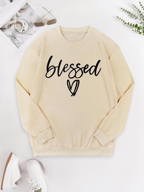 Women's Heart & Letter Print Drop Shoulder Sweatshirt, Casual Long Sleeve Round Neck Pullover for Fall & Winter, Women's...