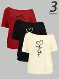 Women's Heart Print One Shoulder Tee, Casual Curved Hem Short Sleeve T-shirt for Summer, Ladies Clothes for Daily Wear...