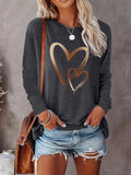 Women's Heart Print Round Neck T-shirt, Casual Long Sleeve Crew Neck Tee for Fall & Winter, Women's Clothes for Daily...