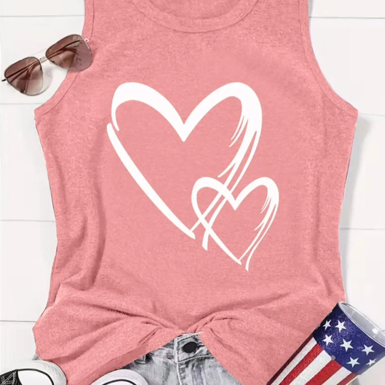 Women's Heart Print Round Neck Tank Top, Casual Sleeveless Crew Neck Top for Summer, Ladies Clothes for Daily Wear...