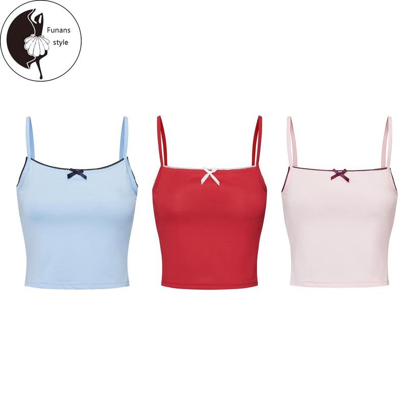 Women's Lace Trim Cami Tops Summer Sleeveless Tiny Bow Front Basic Camisole Trendy Tops T-Shirts, Hoodie, Sweatshirt