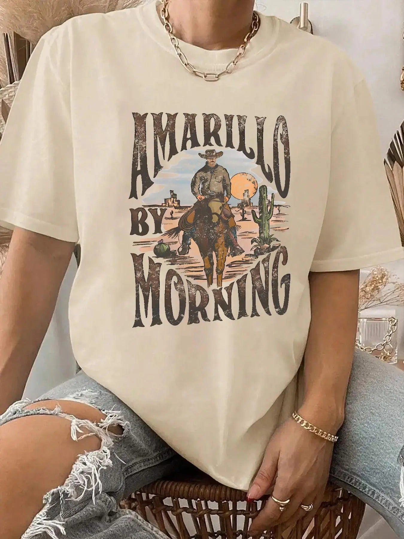 Women's Landscape Print & Letter Print Round Neck Graphic Tee, Vintage Trendy Casual Drop Shoulder Short Sleeve T-shirt...