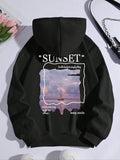 Women's Landscape Print Drop Shoulder Hoodie, Casual Pocket Drawstring Hooded Pullover, Casual Long-Sleeve Top For Spring...