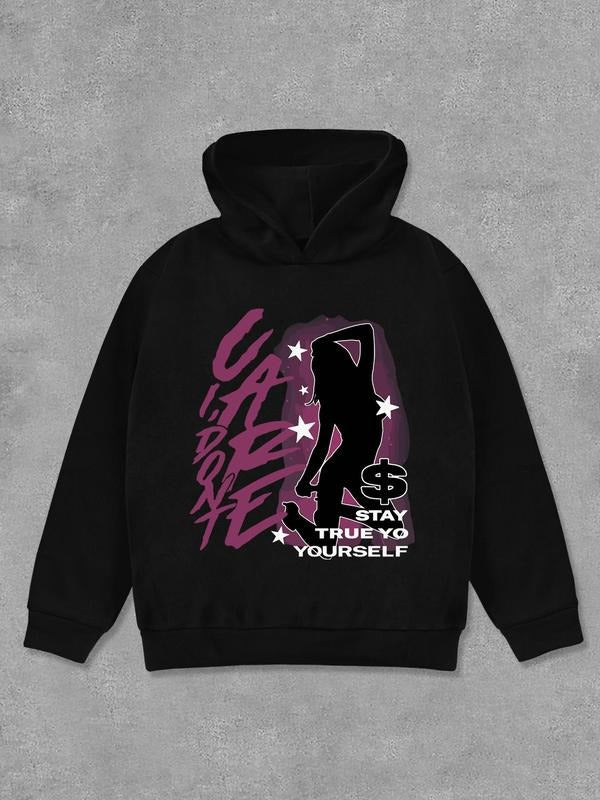 Women's Letter & Figure Print Drop Shoulder Hoodie, Fashion Casual Hooded Sweatshirt for Daily Holiday Outdoor Wear,...