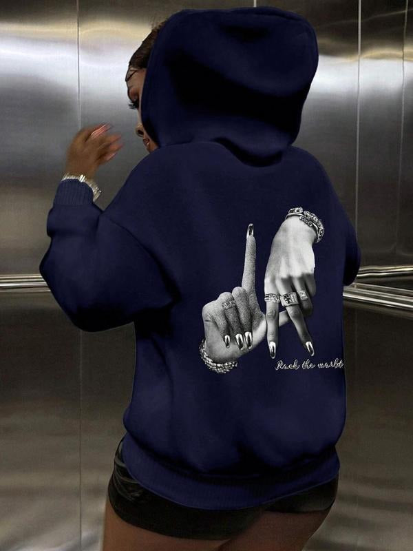 Women's Letter & Hand Print Thickened Hoodie, Fashion Casual Hooded Sweatshirt for Daily Holiday Outdoor Wear, Ladies...