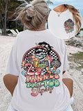 Women's Letter & Skeleton Print Round Neck Tee, Fashion Casual Cartoon Graphic Drop Shoulder Short Sleeve T-shirt for...