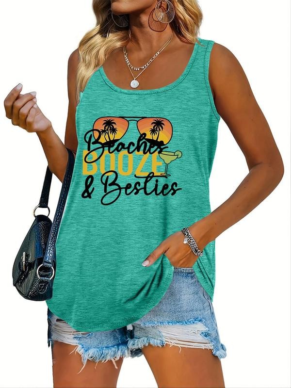Women's Letter & Sunglasses Print Round Neck Tank Top, Fashion Crew Neck Sleeveless Top, Ladies Clothes for Summer...