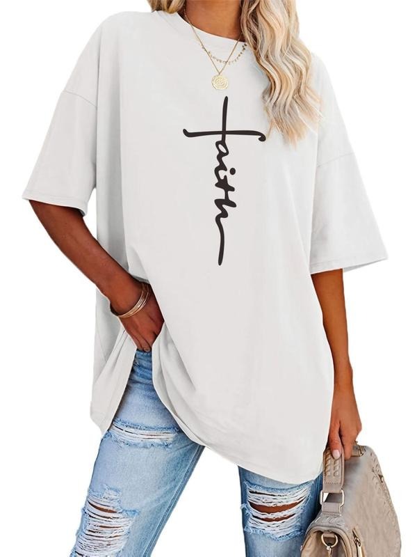 Women's Letter Print Drop Shoulder T-Shirt, Women's Summer Clothes, Casual Half Sleeve Round Neck Tee for Summer, Women's...