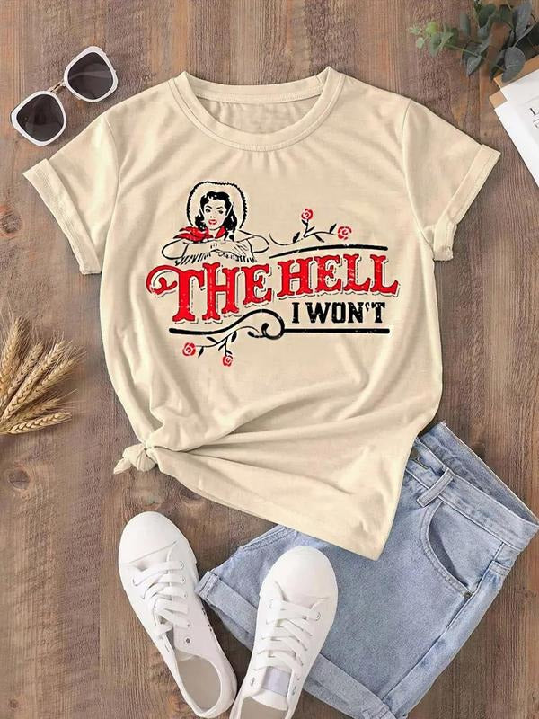 Women's Letter Print Round Neck Graphic Tee, Vintage Trendy Casual Short Sleeve T-shirt For Daily Wear, Ladies All Season...