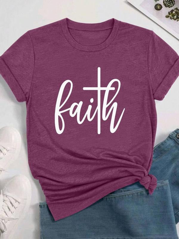 Women's Letter Print Round Neck Tee, Casual Short Sleeve Crew Neck T-shirt for Daily Wear, Ladies Clothes for All Seasons...