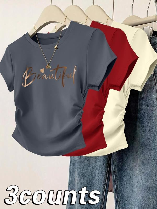 Women's Letter Print Round Neck Tee, Casual Short Sleeve Crew Neck T-shirt for Daily Wear, Ladies Clothes for All...