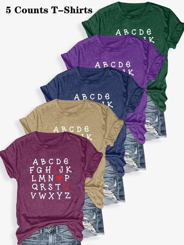 Women's Letter Print Round Neck Tee, Casual Short Sleeve Crew Neck T-shirt for Summer, Fashion Women's Top for Daily...
