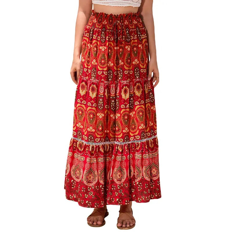 Women's Long Swing Skirt Boho Style Fashion Print Elastic Waist A-Line Ruffle Skirt for Party Club Lady Womenswear...