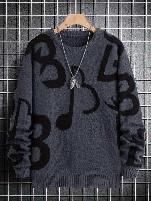 Women's Music Note Print Drop Shoulder Sweater, Casual Long Sleeve Round Neck Jumper for Fall & Winter, Fashion Ladies'...