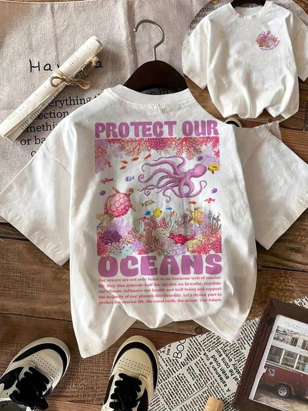 Women's Octopus & Letter Print Round Neck Graphic Tee, Vintage Trendy Casual Short Sleeve T-shirt for Daily Wear, Ladies...