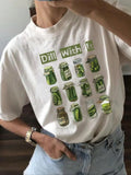 Women's Pickle Jar & Letter Print Round Neck Graphic Tee, Vintage Trendy Casual Drop Shoulder Short Sleeve T-shirt for...
