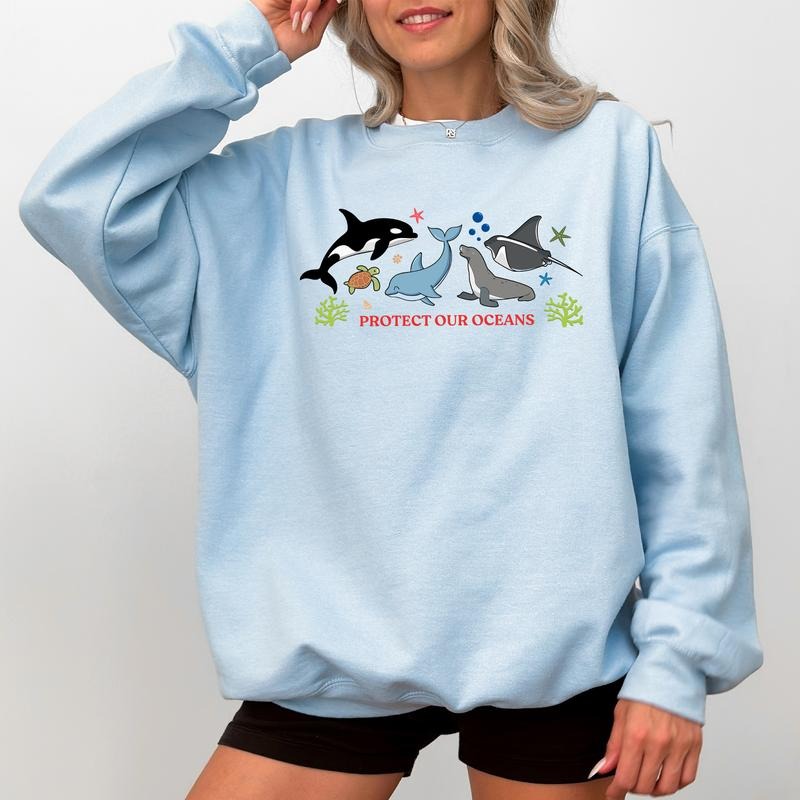 Women's Protect Our Oceans Sweatshirt, Respect The Local Wildlife Pullover, Sea Animals Crewneck, Ocean Conservation Sweater, Environmental Womenswear