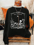 Women's Skeleton & Book Print Round Neck Sweatshirt, Casual Letter Graphic Long Sleeve Pullover for Fall & Winter,...