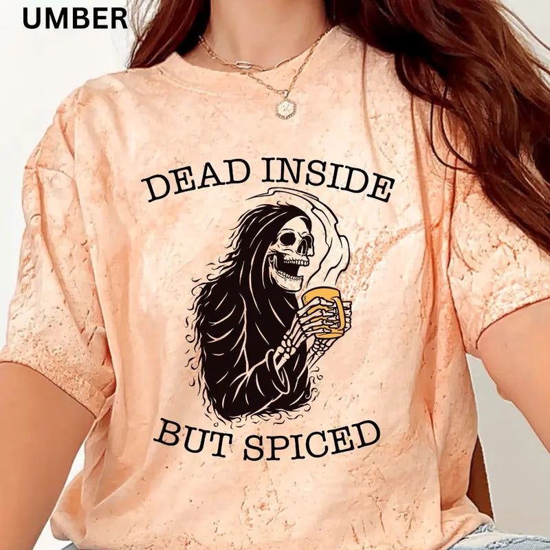Women's Skeleton & Womens Halloween Graphic Tees, Dead Inside But Spiced Skeleton, Casual Half Sleeve Round Neck T-shirt,...