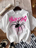 Women's Spider Web & Letter Print Tee, Punk Fashion Drop Shoulder T-shirt for Daily Holiday Vacation Outdoor Wear, Ladies...