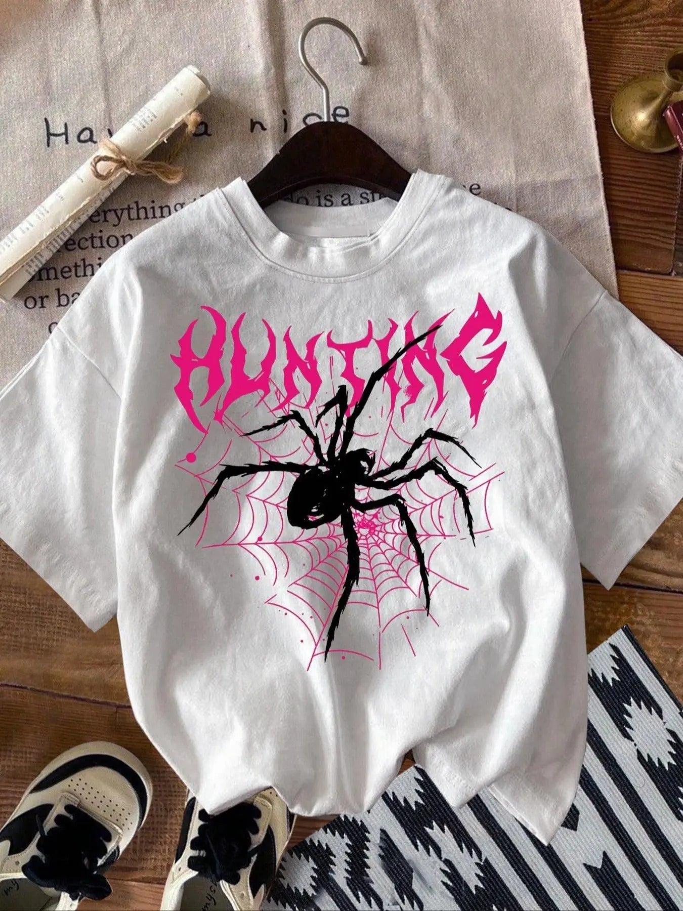 Women's Spider Web & Letter Print Tee, Punk Fashion Drop Shoulder T-shirt for Daily Holiday Vacation Outdoor Wear, Ladies...