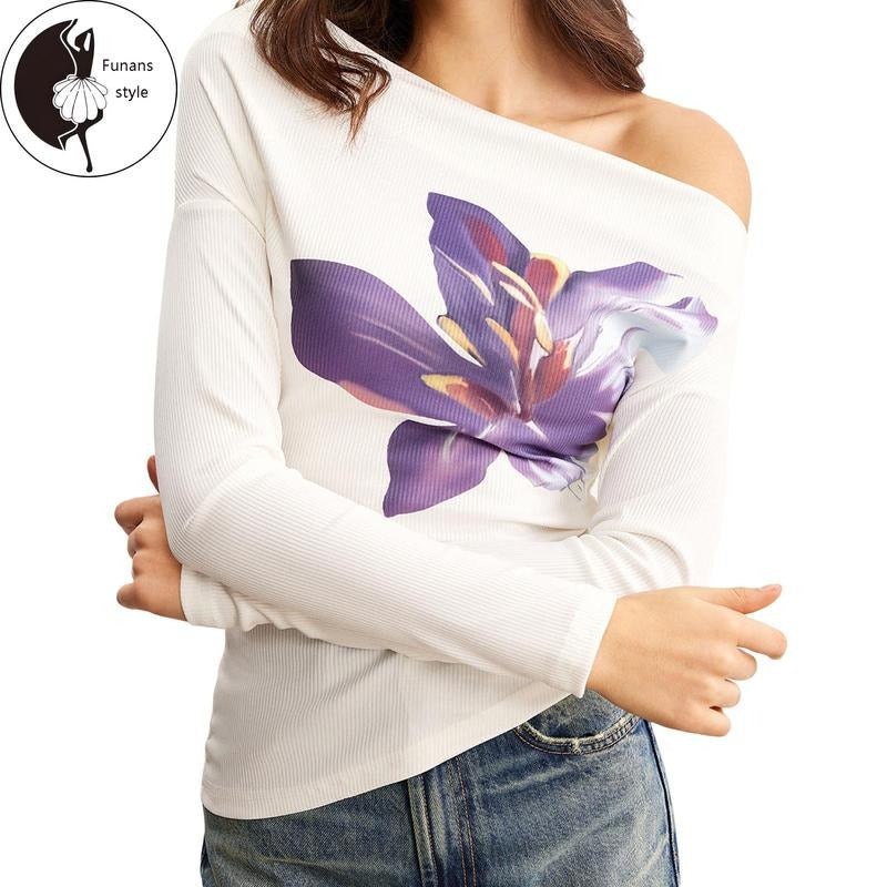 Women's Spring Floral Print Tops Long Sleeve Off Shoulder Trendy  T-shirt Hoodie, Sweatshirt | CiraTrend.com