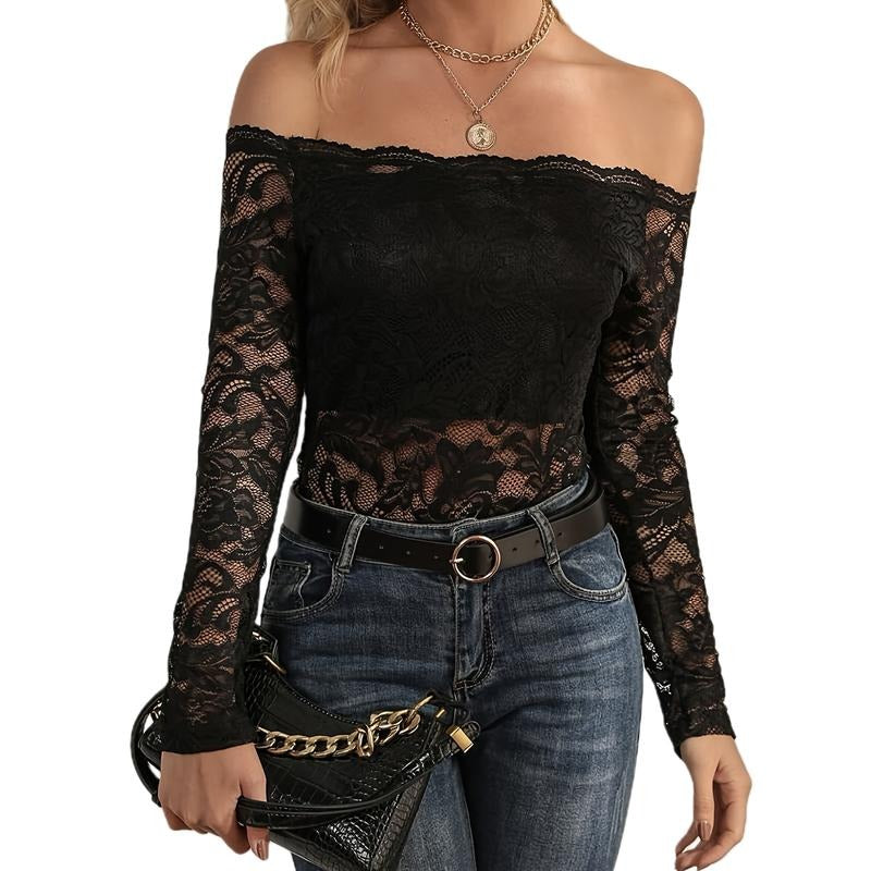 Women's Spring Sheer Blouses Long Sleeve Off Shoulder Trendy Lace Party T-shirts Hoodie, Sweatshirt | CiraTrend.com