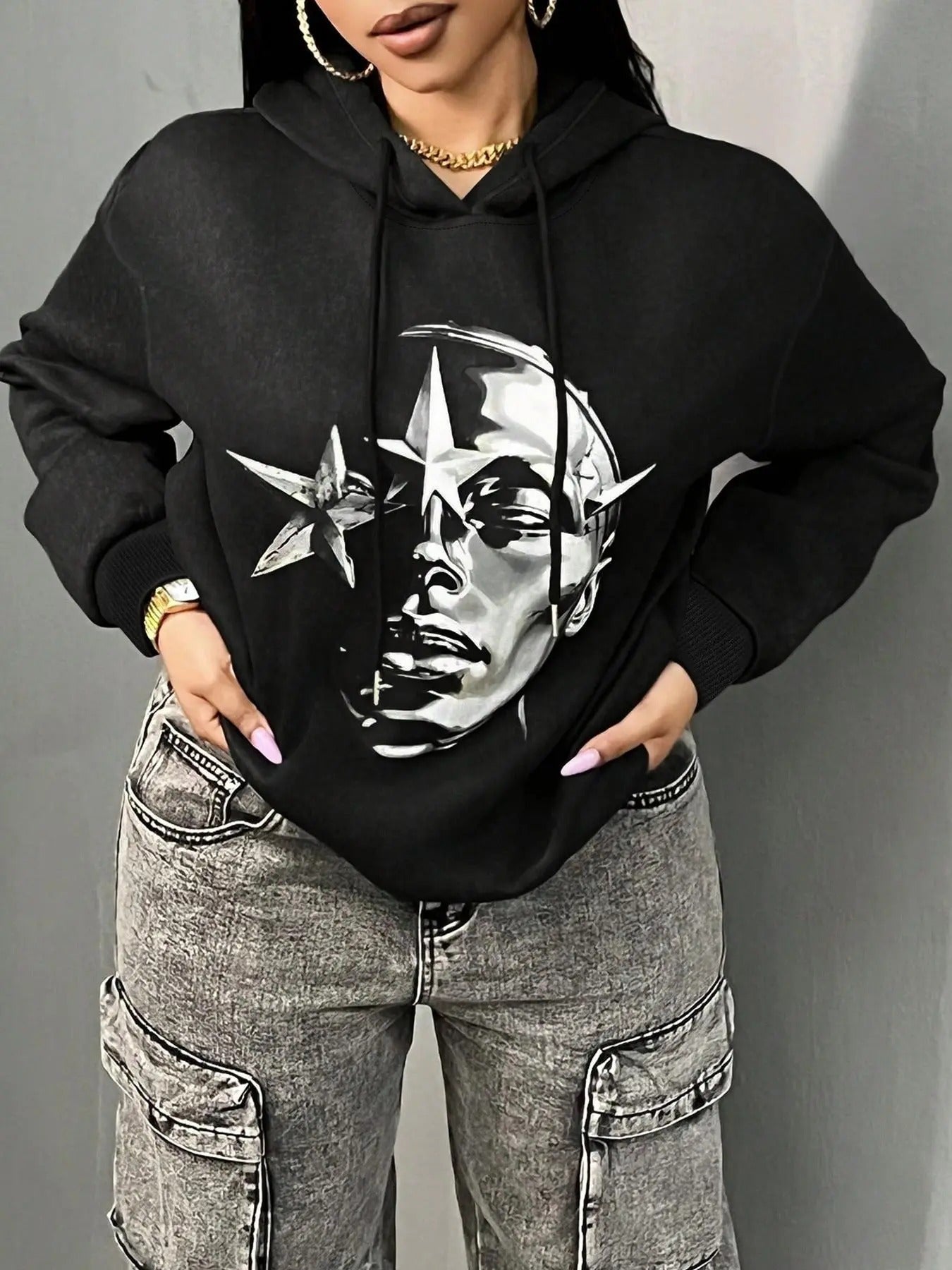 Women's Star & Face Print Drop Shoulder Hoodie, Fashion Casual Drawstring Hooded Sweatshirt for Daily Holiday Wear, Women...