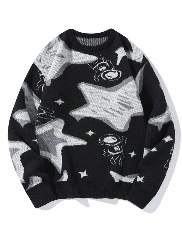 Women's Star Print Drop Shoulder Sweater, Casual Long Sleeve Round Neck Jumper for Fall & Winter, Women's Clothes for...