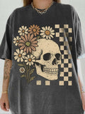 Women's Summer Casual Floral Skull Print T-Shirt, Vintage Style Halloween Graphic Tee, Preppy Design, Comfortable Fit...