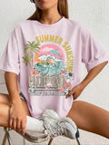 Women's Sun & Marine Life Print Round Neck Graphic Tee, Vintage Trendy Casual Drop Shoulder Short Sleeve T-shirt for...