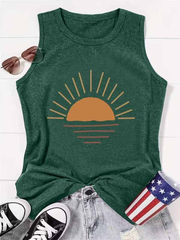 Women's Sun Print Round Neck Tank Top, Casual Graphic Sleeveless Crew Neck Top for Summer, Ladies Clothes for Daily Wear...