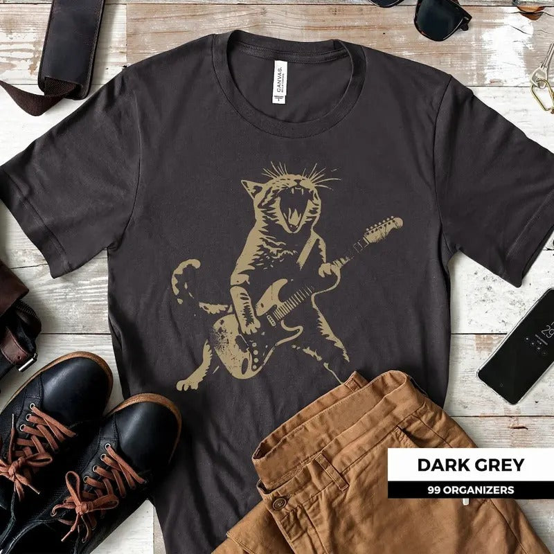 Women's T-Shirt Rock Cat Playing Guitar, Cat Lovers Gift Cotton Top Hoodie, Sweatshirt | CiraTrend.com