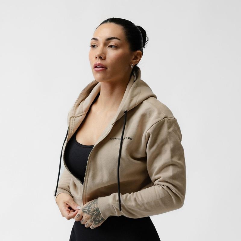 Women's Tan Cropped Zip-Up Hoodie with Skull Design