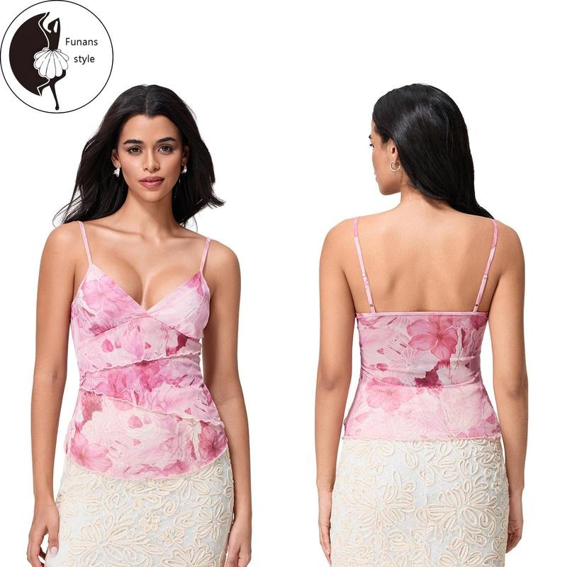 Women's V Neck Cami Tops Sleeveless Spaghetti Strap Floral Print Camisole Mesh Shirt Hoodie, Sweatshirt | CiraTrend.com