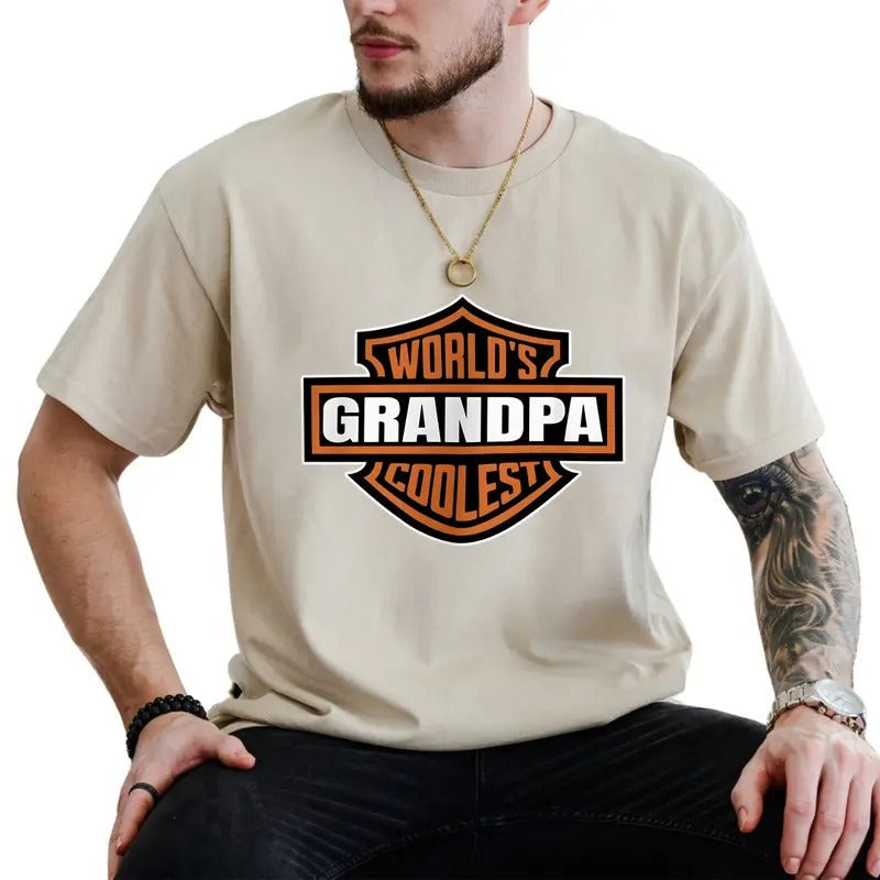World's Coolest Grandpa T-Shirt, New Grandpa Announcement Tee, Motorcycle Grandpa Shirt, Ultra Soft Cotton Tee, Everyday...